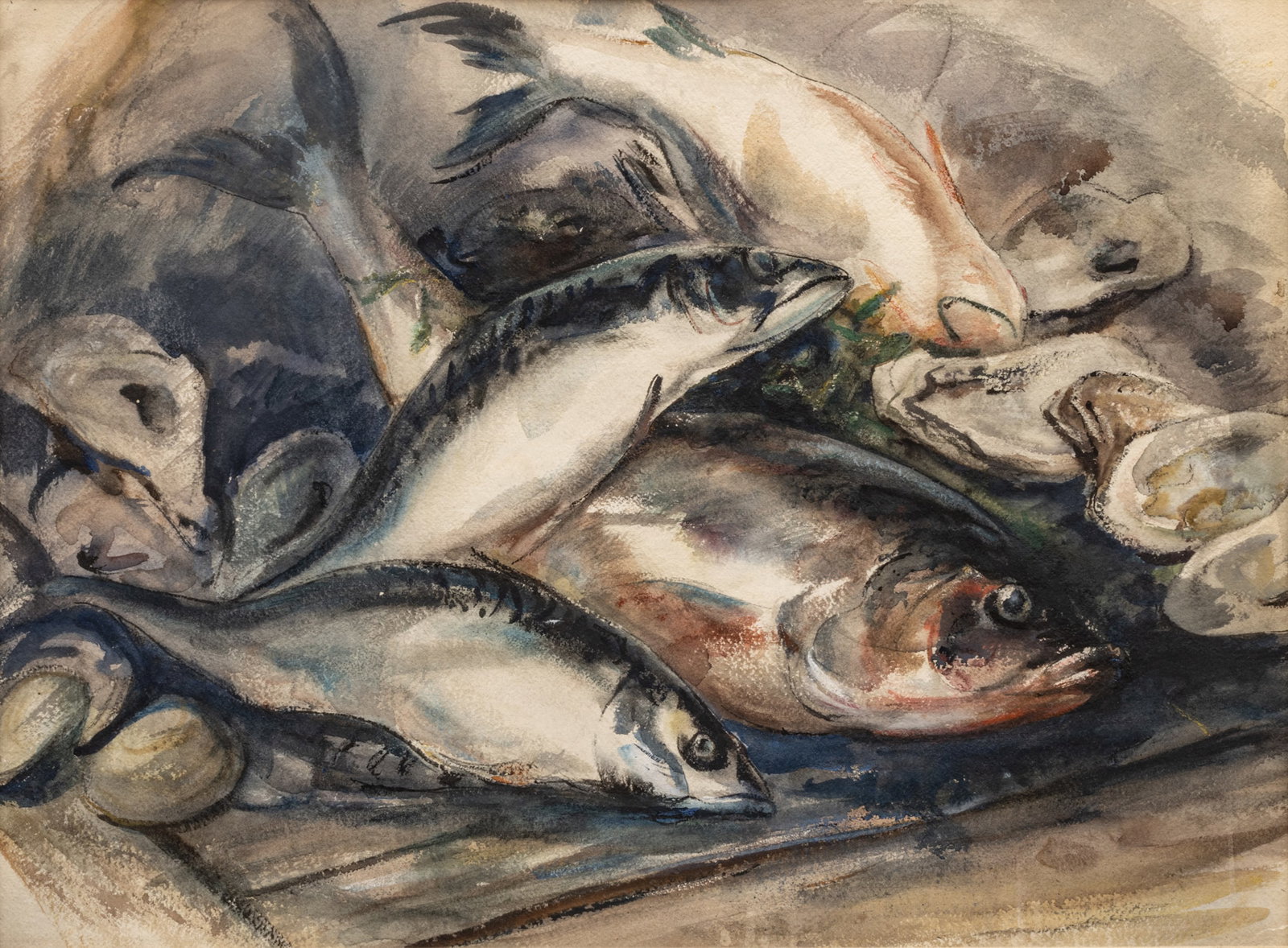 Henry George Keller (American, 1870-1949) Watercolor on Paper, Ca. 20th C., "Still Life of Fish", H: Henry George Keller (American, 1870-1949) Watercolor on Paper, Ca. 20th C., "Still Life of Fish", H 19.5" W 26.5" | Unsigned. Still life of fish, mussels and clams. Framed under glass, H 24", W 31". P