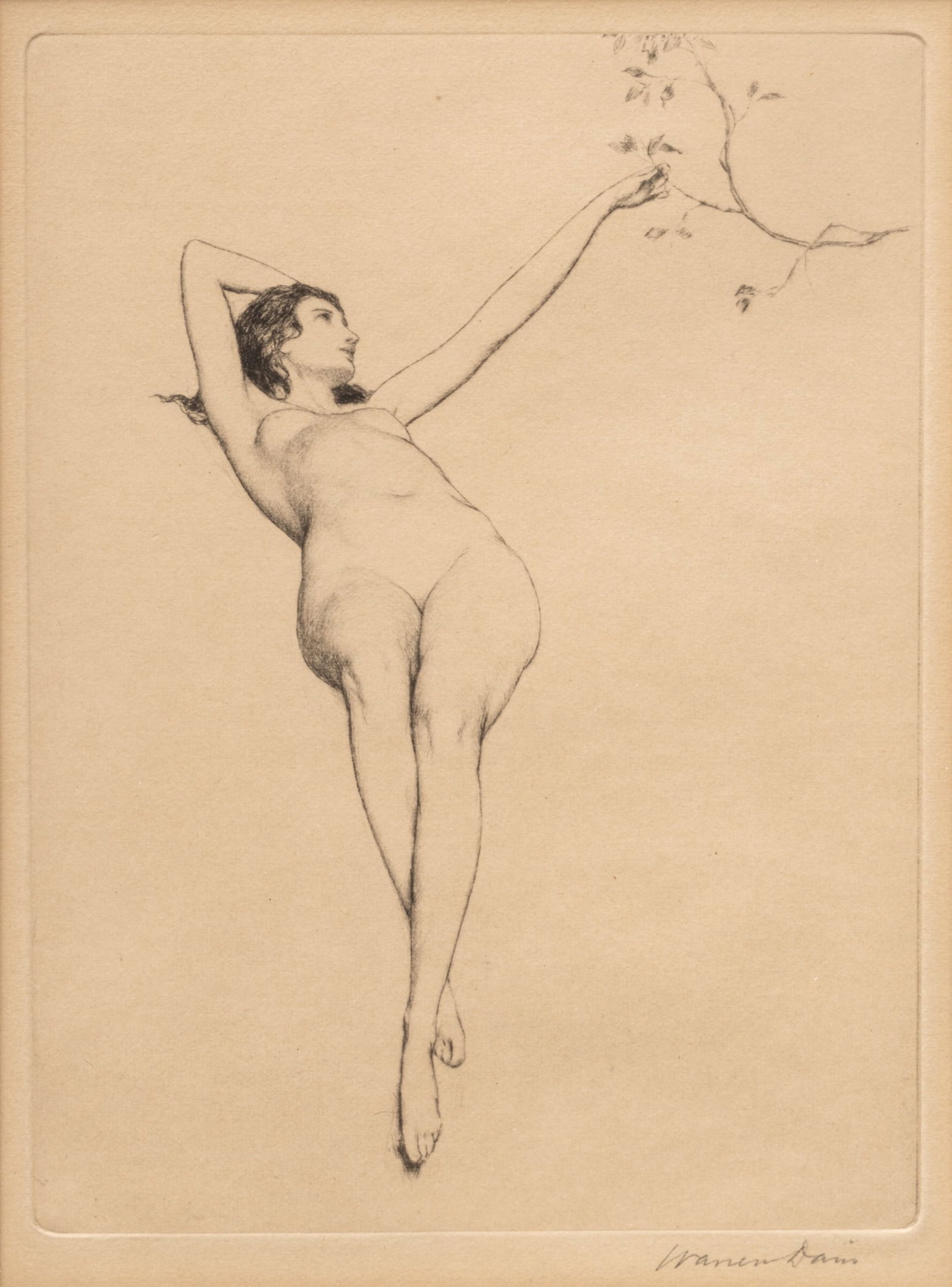 Warren B. Davis (American, 1865-1928) Drypoint Etching on Paper, "Spring Reclined", H 7.75" W 5.75": Warren B. Davis (American, 1865-1928) Drypoint Etching on Paper, "Spring Reclined", H 7.75" W 5.75" | Signed in pencil lower right. Frame Measurements H 17.5" W 14.25" Provenance: From the Estate of P