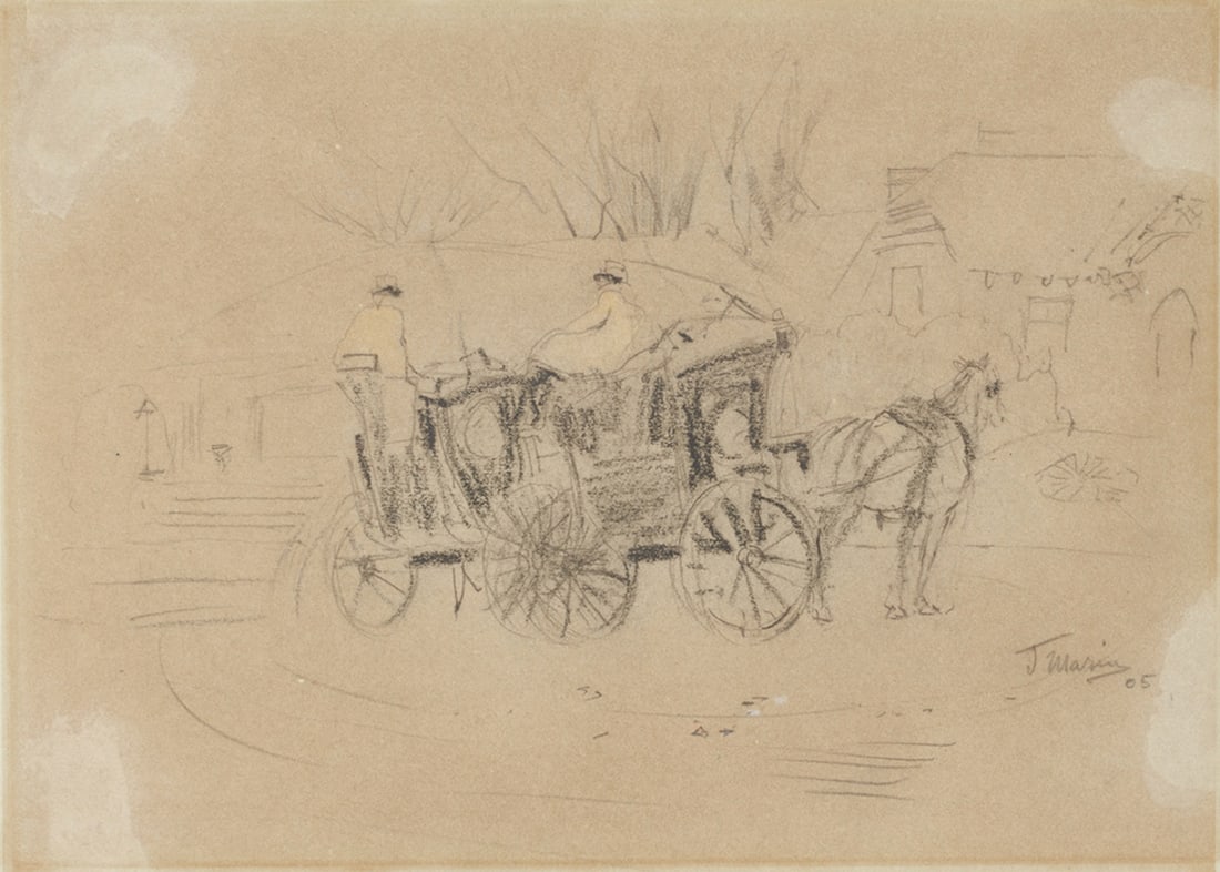 Attributed to John Marin (American, 1870-1953) Charcoal And Pastel on Paper, Ca. 1905, "Sketch of: Attributed to John Marin (American, 1870-1953) Charcoal And Pastel on Paper, Ca. 1905, "Sketch of Horse And Carriage", H 8.75" W 12.75" | Signed and dated in pencil lower right. Provenance: Property f