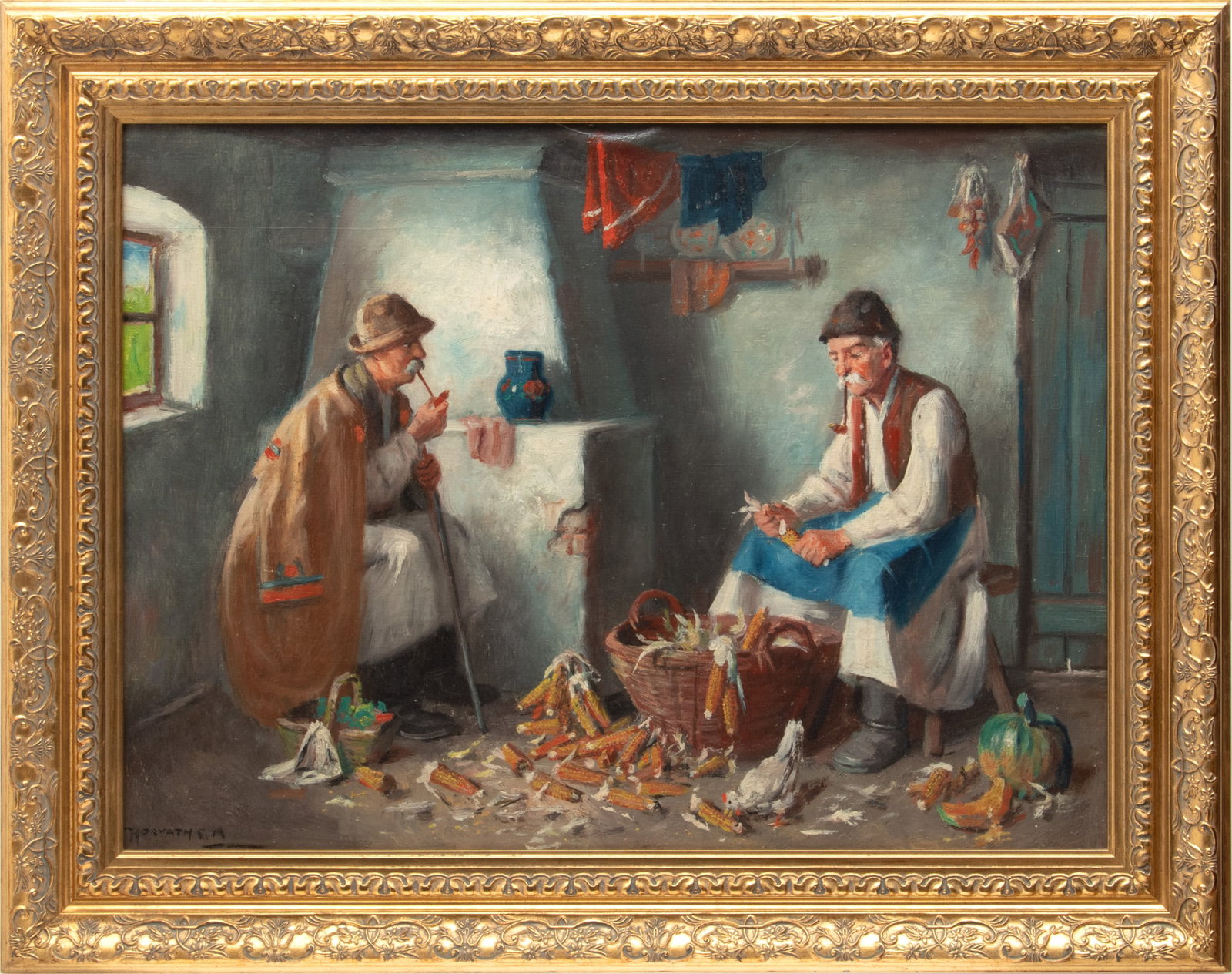 Andor G. Horvath (Hungarian, 1876-1966) Oil on Canvas, Cornhusking, H 22" W 30": Andor G. Horvath (Hungarian, 1876-1966) Oil on Canvas, Cornhusking, H 22" W 30" | Signed in the lower left. Genre scene of two men smoking pipes as one man shucks ears of corn. Having a giltwood frame