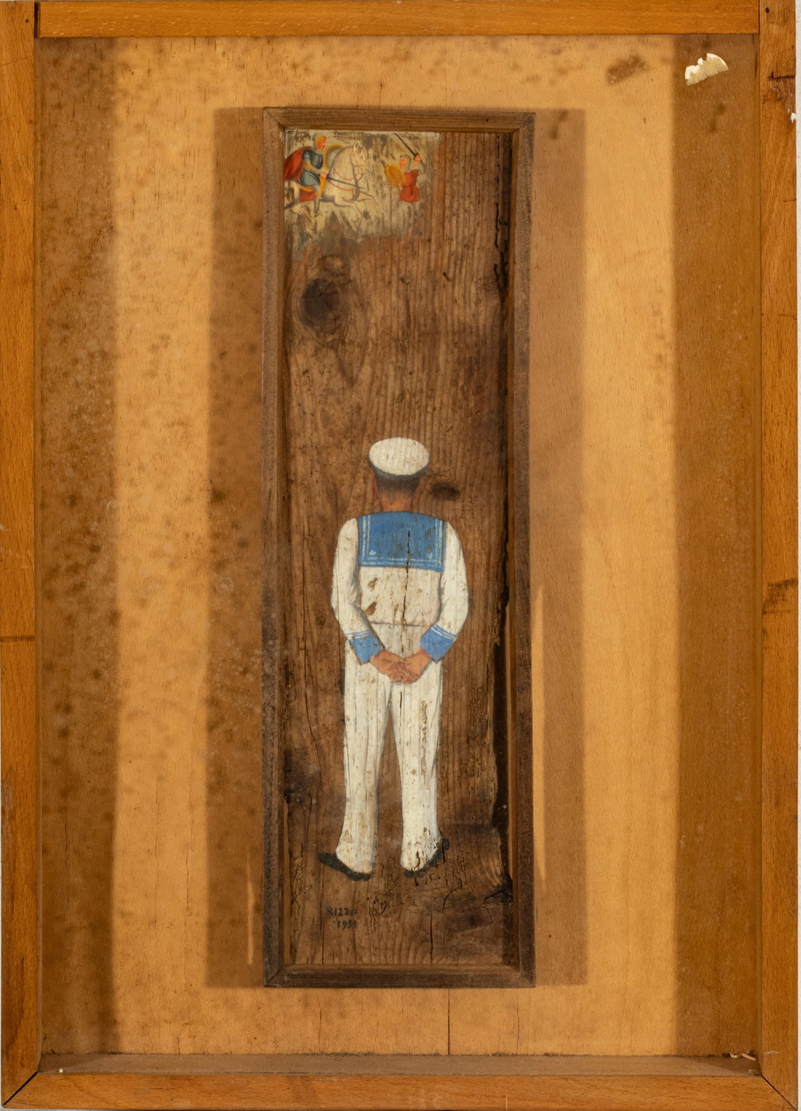 Pippo Rizzo (Italian, 1898-1964) Oil on Panel H 20" W 6": Pippo Rizzo (Italian, 1898-1964) Oil on Panel H 20" W 6" | Standing sailor with cloud style image of knights facing off, one is standing and one on horseback. Signed lower left and dated 1953. Provena