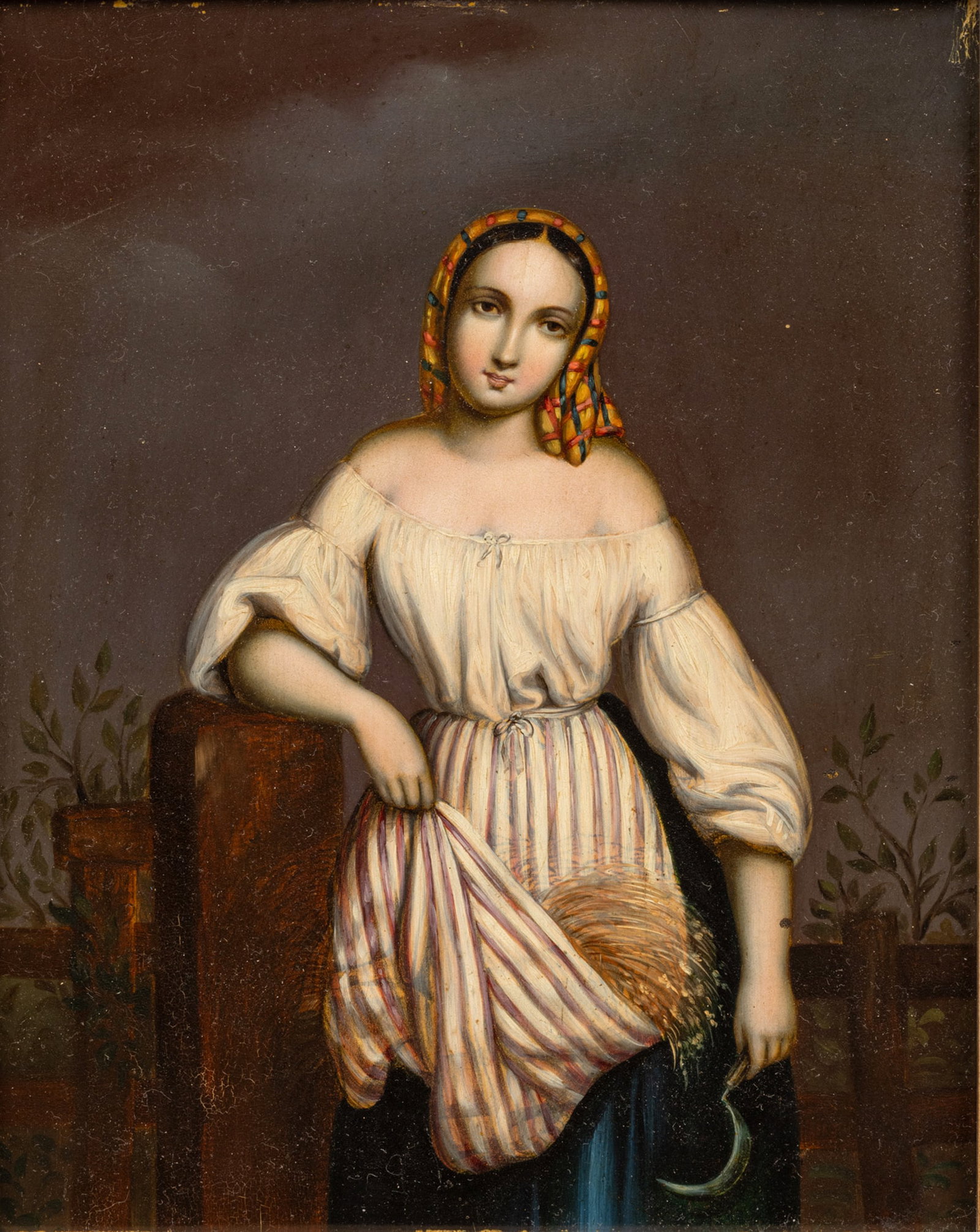 Italian Oil on Tin, Ca. 1840, "Grain Harvest", H 11" W 8.5": Italian Oil on Tin, Ca. 1840, "Grain Harvest", H 11" W 8.5" | Unsigned. Depicting a woman with a sheaf of wheat in her apron and a sickle in her hand in a contrapposto pose. Provenance: From the Estat