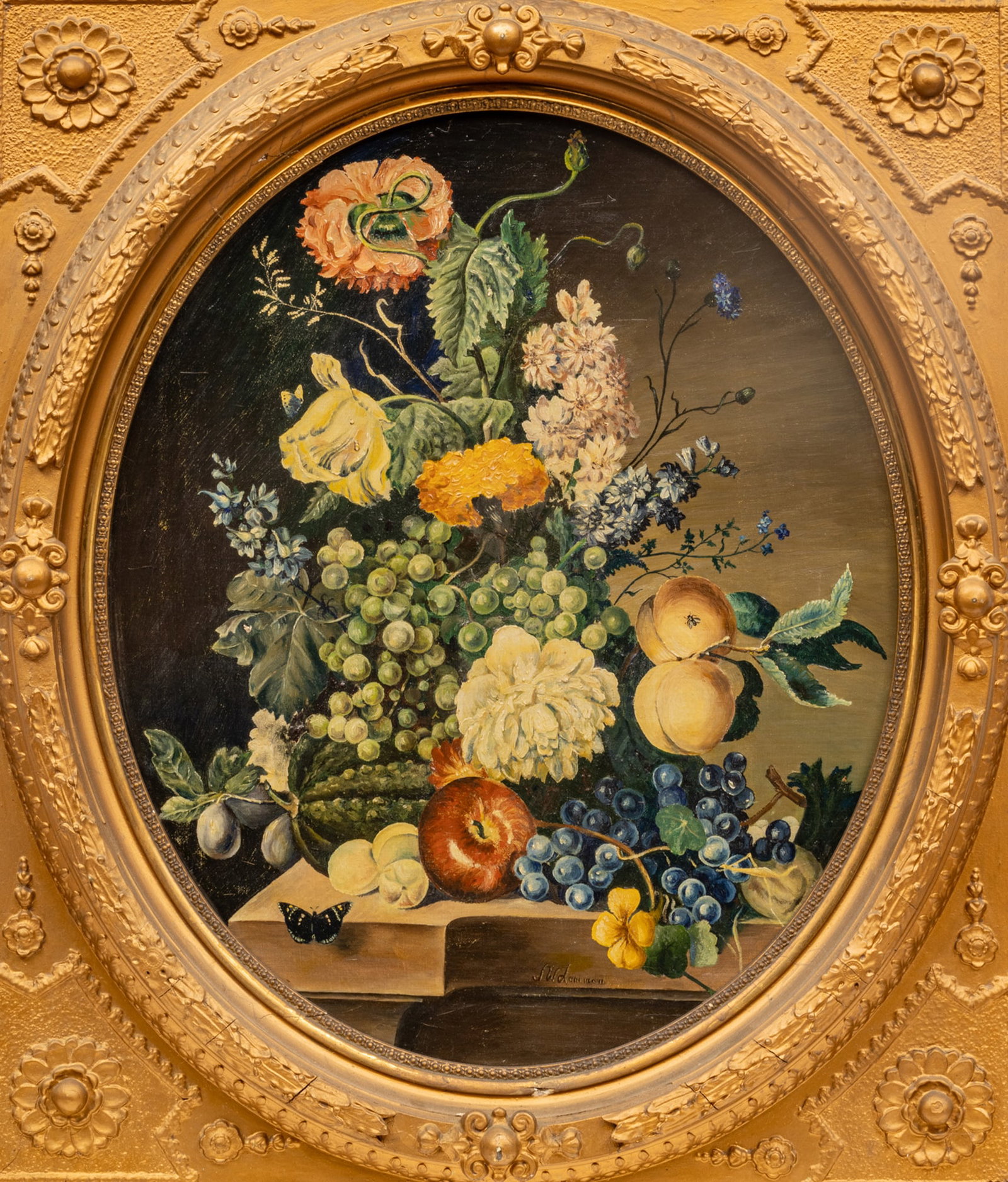 Jack W. Lemmon, Oil on Canvas, 1938, "Still Life with Fruits And Flowers", H 22" W 18": Jack W. Lemmon, Oil on Canvas, 1938, "Still Life with Fruits And Flowers", H 22" W 18" | Signed J.W. Lemmon in the lower center. Sill life with a floral arrangement, fruit and a butterfly. Inscription