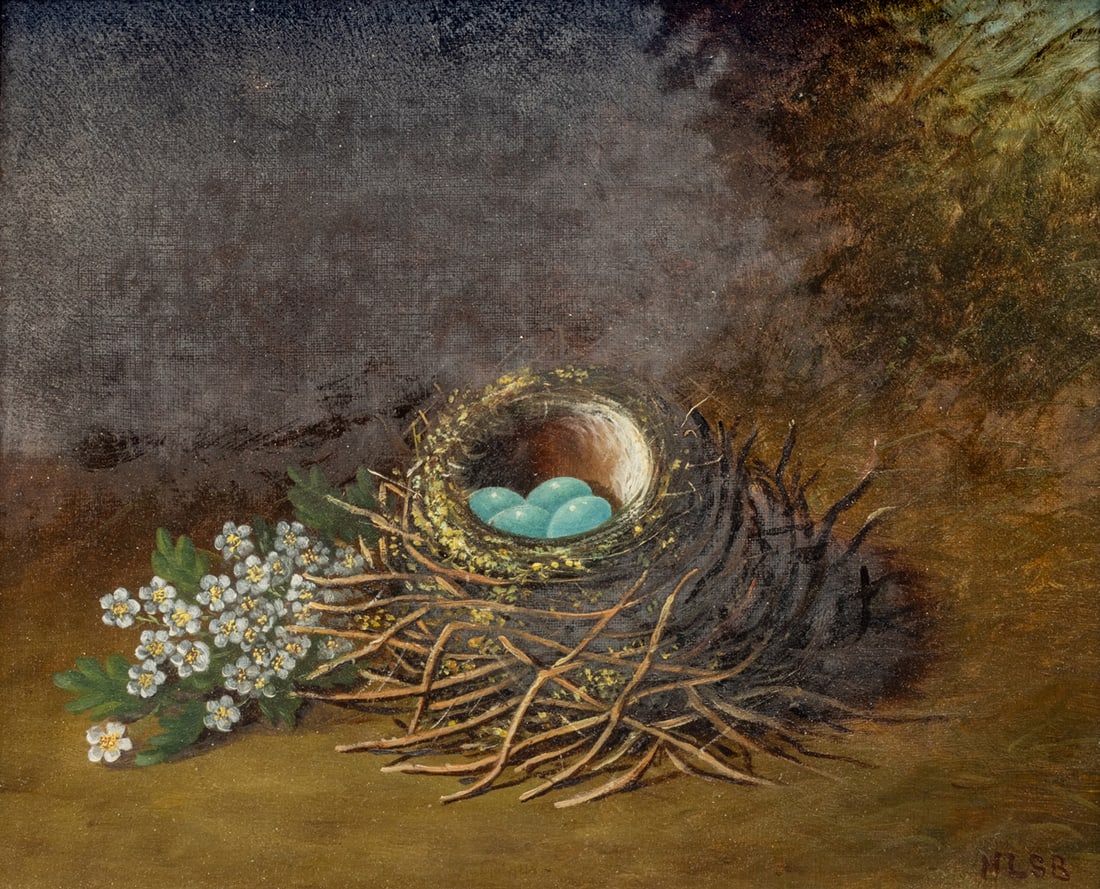 American Oil on Canvas, Still Life of Robin's Nest 19th C., "Robin Eggs", H 10" W 12": American Oil on Canvas, Still Life of Robin's Nest 19th C., "Robin Eggs", H 10" W 12" | Initialed lower right "H L S B" . Depicting a robin's nest with blue eggs nest to a spray of lilacs. Provenance: