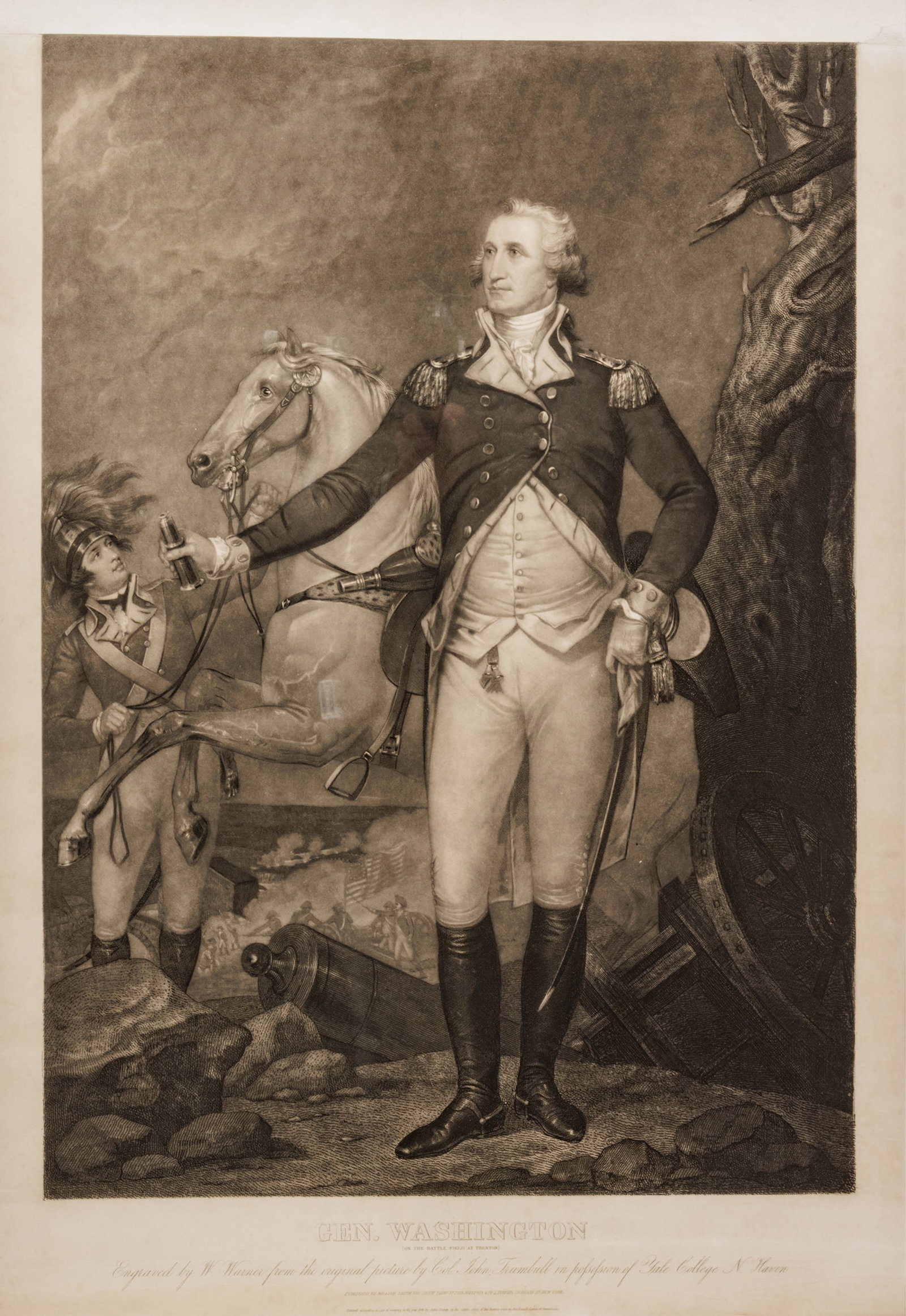 Early 1800's Engraving on Paper George Washington on the Battlefield of Trenton, H 30.5" W 22.5": Early 1800's Engraving on Paper George Washington on the Battlefield of Trenton, H 30.5" W 22.5" | George Washington on the Battlefield of Trenton by Willaim Warner. Framed 39" X 30".