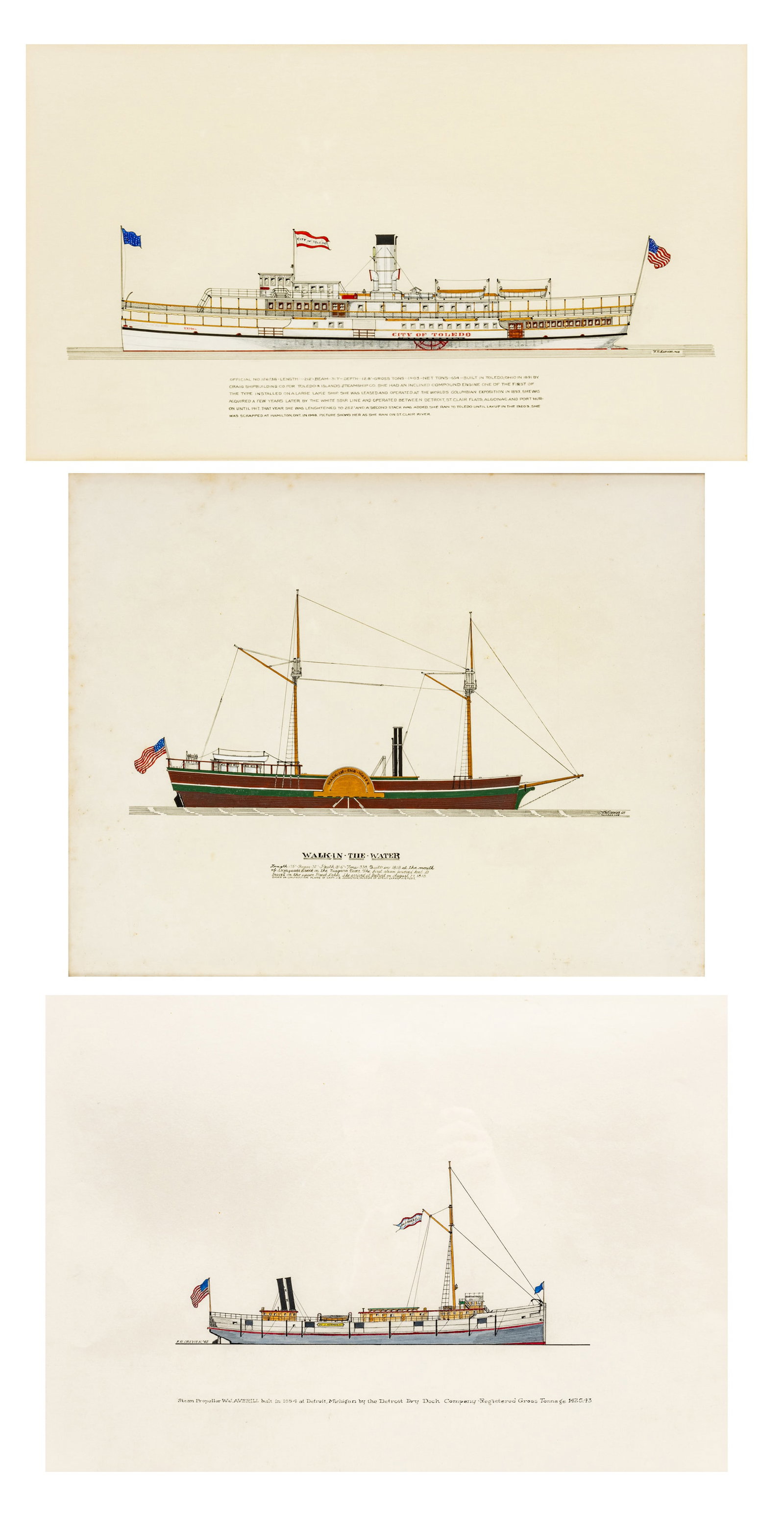 Frank Crevier (American, 1910-1987) Gouaches And Ink on Paper, 1965 And 1968, "Great Lakes: Frank Crevier (American, 1910-1987) Gouaches And Ink on Paper, 1965 And 1968, "Great Lakes Steamers", 3 pcs | Three gouache and ink paintings on paper of Great Lakes steamers. Lot includes "Walk in th