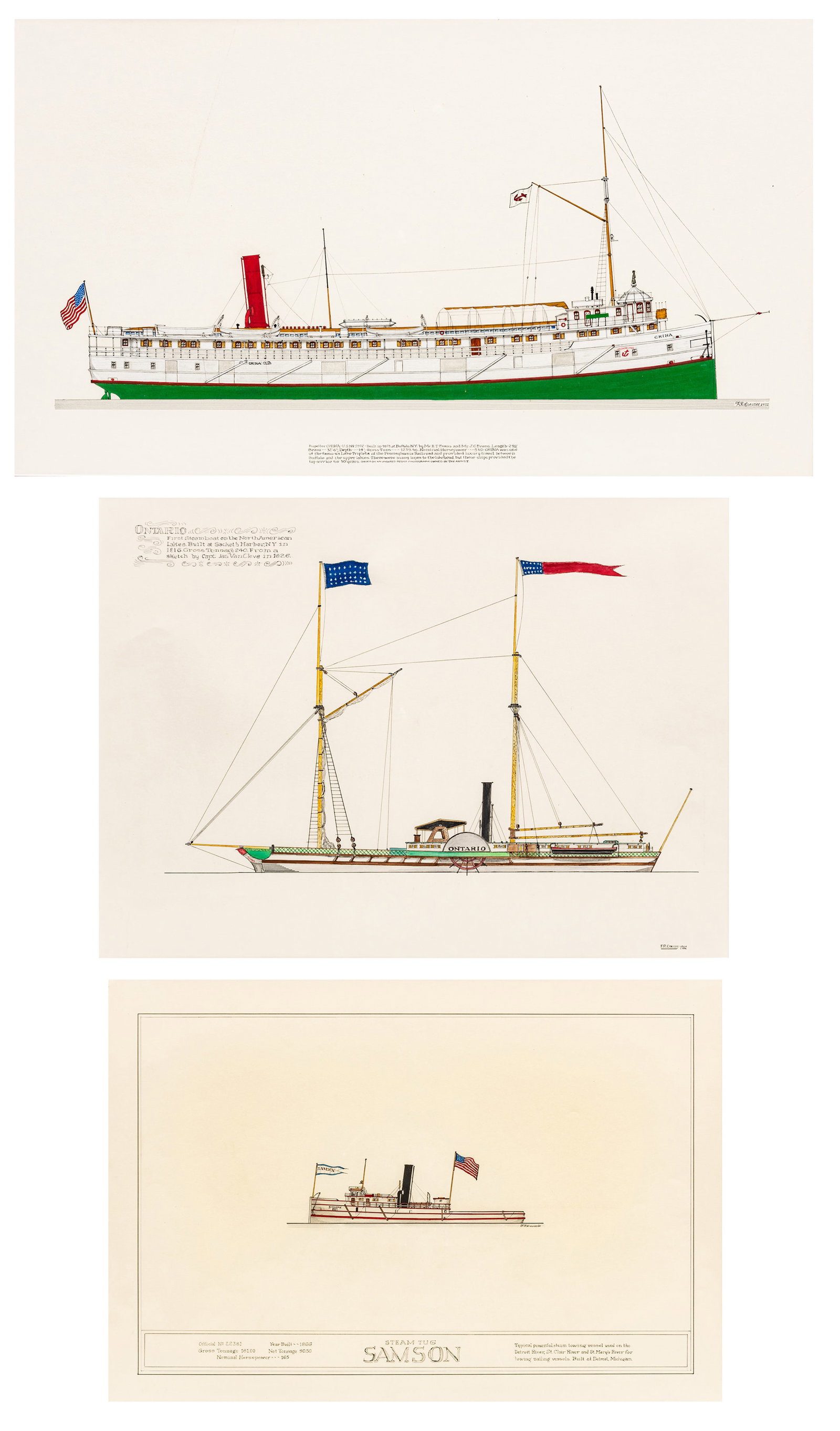 Frank Crevier (American, 1910-1987) Ink And Watercolor on Paper, "Ontario; China; Steam Tug Samson",: Frank Crevier (American, 1910-1987) Ink And Watercolor on Paper, "Ontario; China; Steam Tug Samson", Group of Three Works H 13.75" W 23.25" | Each signed in ink lower right and dated. Ontario (1964); 