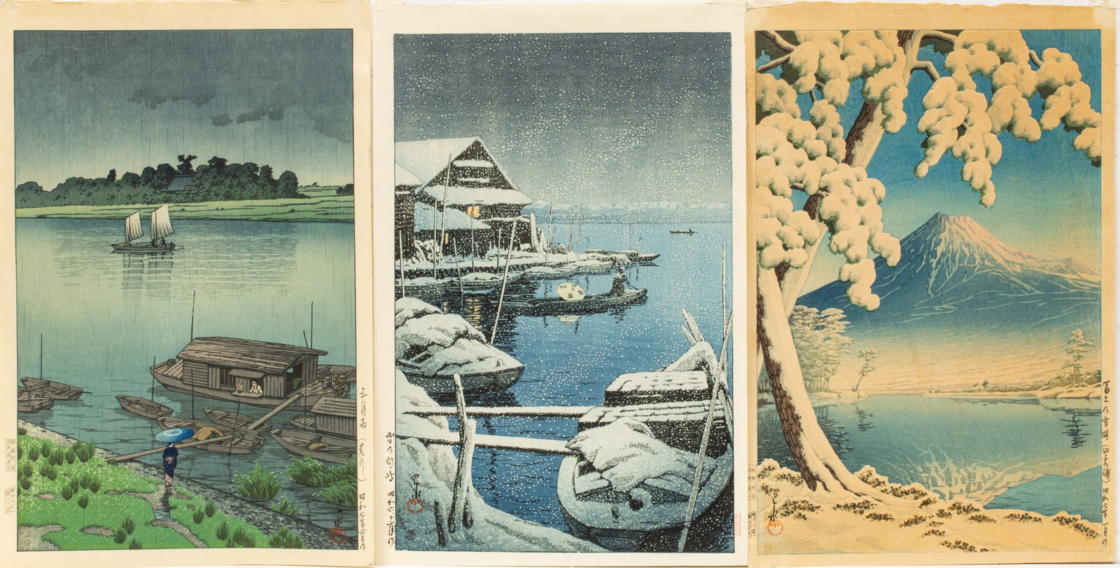 After Kawase Hasui (Japanese, 1883-1957) Woodblock Prints, Ca. Later 20th C., "Arakawa River in May: After Kawase Hasui (Japanese, 1883-1957) Woodblock Prints, Ca. Later 20th C., "Arakawa River in May Rain, Snow at Mukojima, Mt. Fuji", 3 pcs | Lot includes Arakawa River in May Rain, H 14.25", W 9.25"