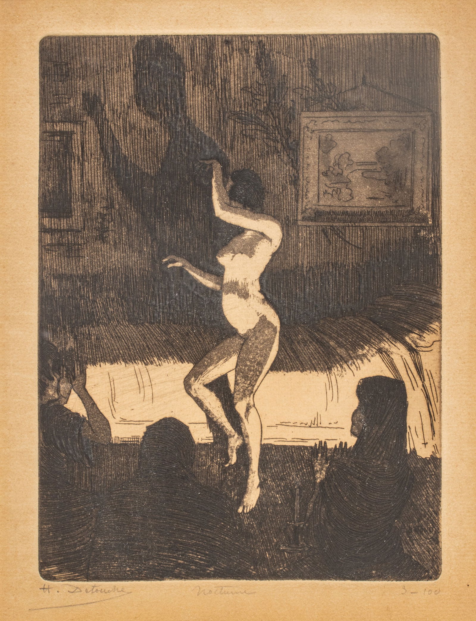 Henry Detouche (French, 1854-1913) Etching on Paper "Nocturne", H 7.75" W 5.75": Henry Detouche (French, 1854-1913) Etching on Paper "Nocturne", H 7.75" W 5.75" | Signed, titled, and numbered 3/100 in pencil along bottom of image. Framed dimensions H 16.75" X W 11.75" Provenance: