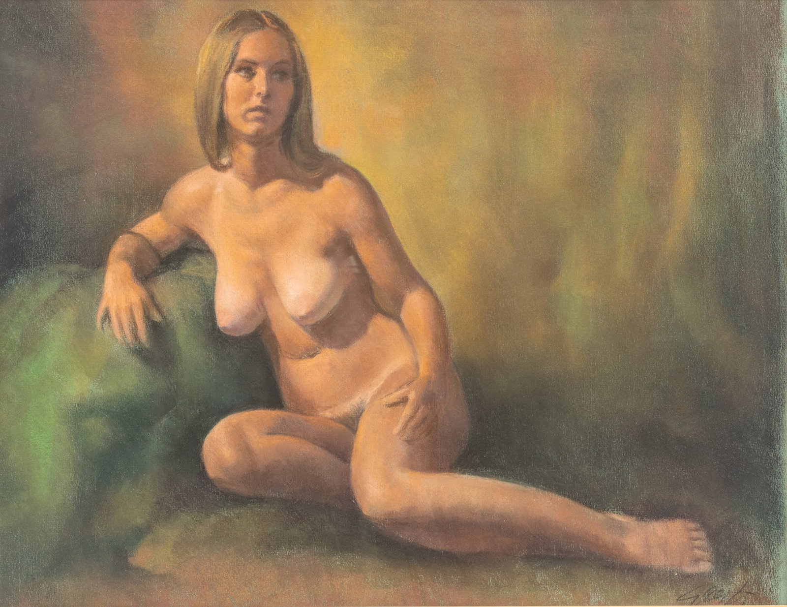 American Pastel on Paper, Ca. 1970s, "Female Nude", H 15" W 20": American Pastel on Paper, Ca. 1970s, "Female Nude", H 15" W 20" | Illegibly signed in the lower right. Pastel on paper depicting a reclining female nude. Matted and framed under glass, H 21.25", W 26.