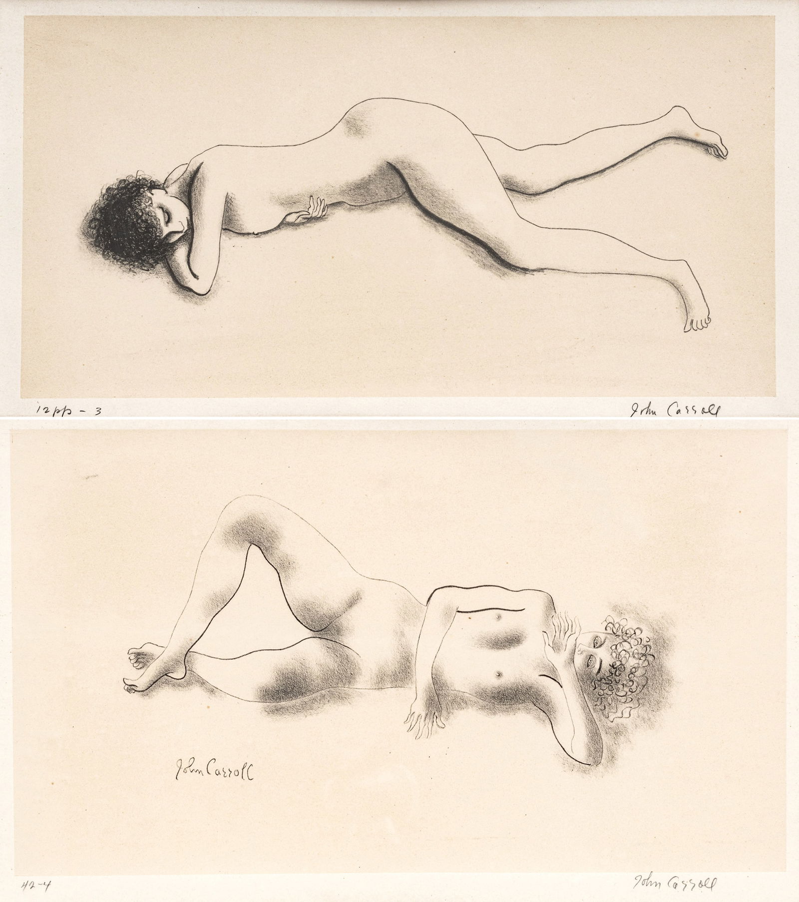 John Wesley Carroll (American, 1892-1959) Lithographs on Paper, "Reclining Nudes", Group of Two: John Wesley Carroll (American, 1892-1959) Lithographs on Paper, "Reclining Nudes", Group of Two Works H 7" W 12.6" | Each work is signed in pencil, one inscribed 42-4, the other inscribed 12pp-3, with