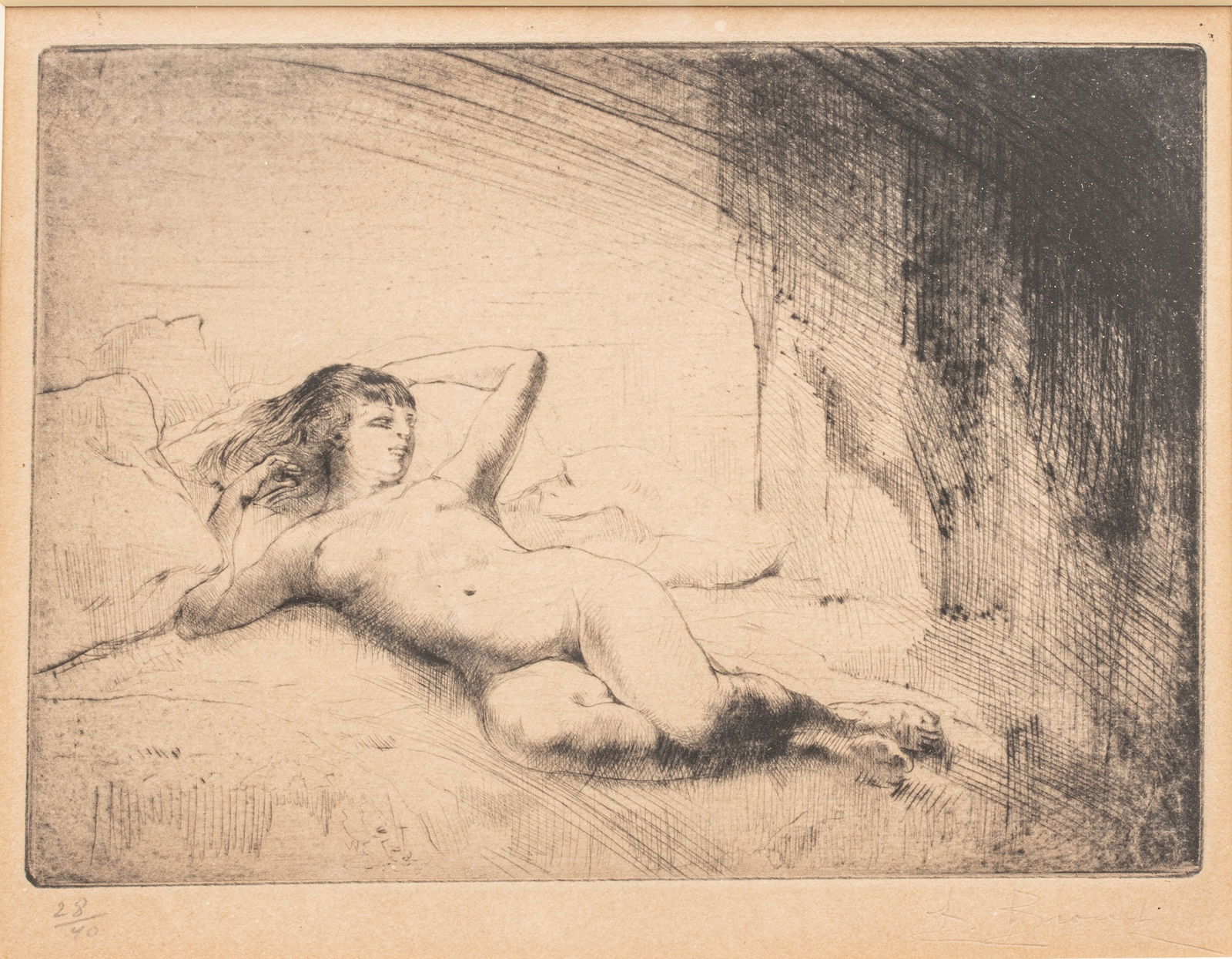 August Bouret , 1872-41 Etching And Drypoint on Paper "Reclining Nude", H 5.2" W 7.5": August Bouret , 1872-41 Etching And Drypoint on Paper "Reclining Nude", H 5.2" W 7.5" | Pencil signature is lower right and numbered 28/40, with margins. Gilt wood frame 11" X 12". Provenance: From th