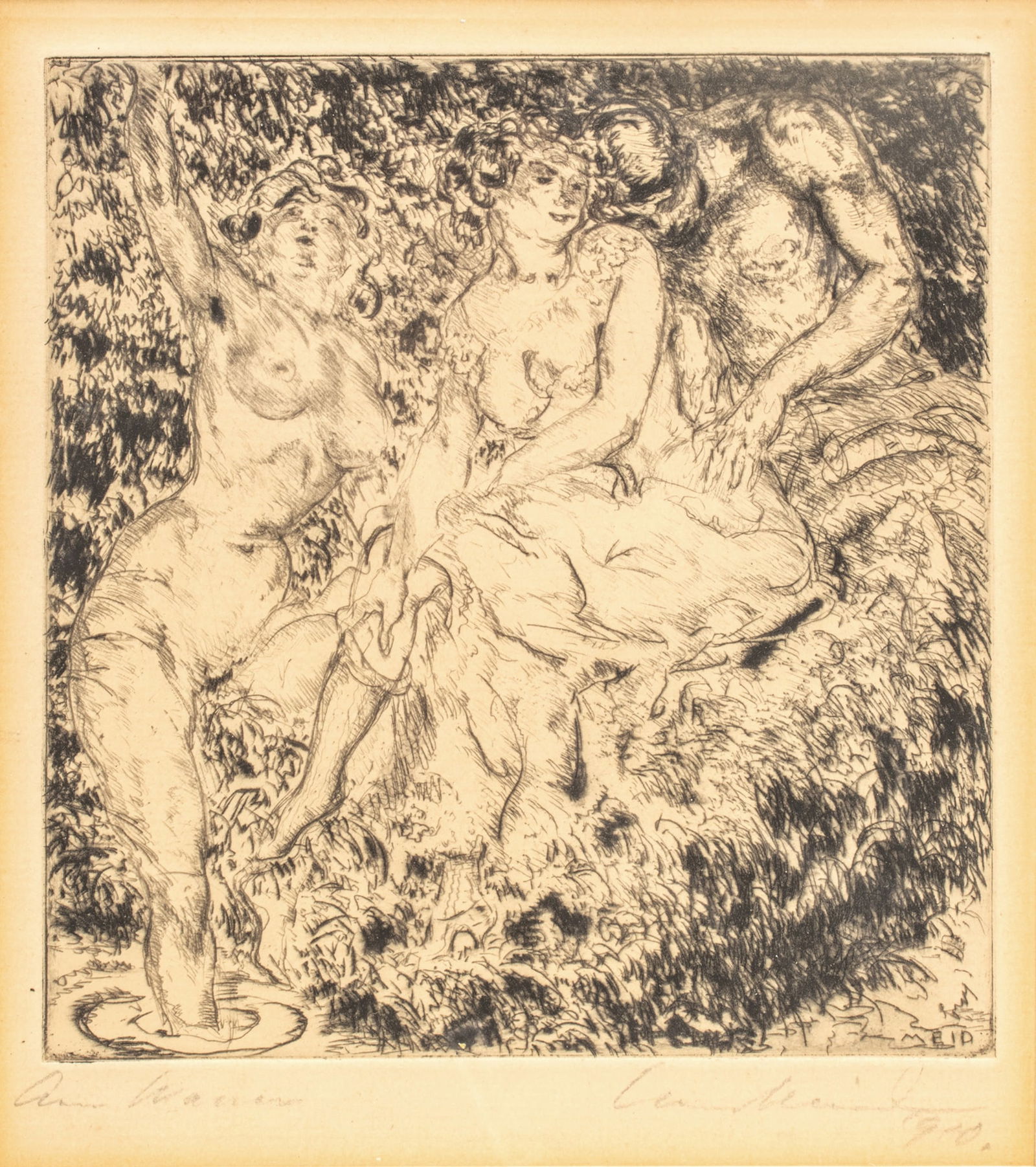 Hans Meid (German) Etching Ca. 1910, "Am Wasser", H 6.7" W 6": Hans Meid (German) Etching Ca. 1910, "Am Wasser", H 6.7" W 6" | Pencil signed, but vague. Gilt wood frame 14" X 12". G.W.F. plate mark. Two women with Satyr in background. Provenance: From the Estate