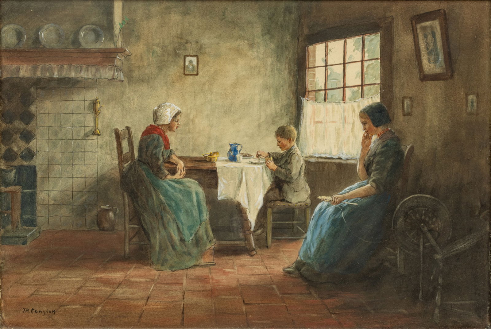 Thomas Raphael Congdon (American, 1862-1917) Watercolor on Paper, 19th C., "Dutch Interior Scene", H: Thomas Raphael Congdon (American, 1862-1917) Watercolor on Paper, 19th C., "Dutch Interior Scene", H 12.5" W 18" | Signed in the lower left. Interior genre scene of a woman speaking to a young boy as