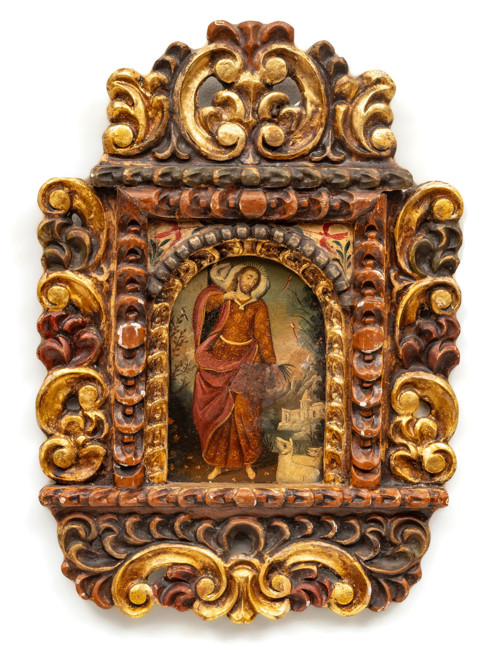 Spanish Colonial Cuzco Style Oil on Copper 1900, "Christ, Lamb of God", H 7.25" W 4.75" (1 of 6)