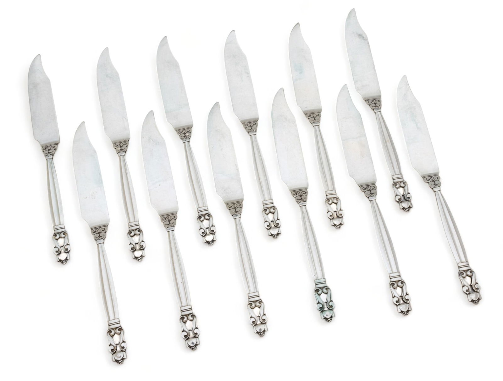 Georg Jensen (Danish) 'Acorn' Sterling Silver Fish Knives, L 8" 20t oz 12 pcs (1 of 3)