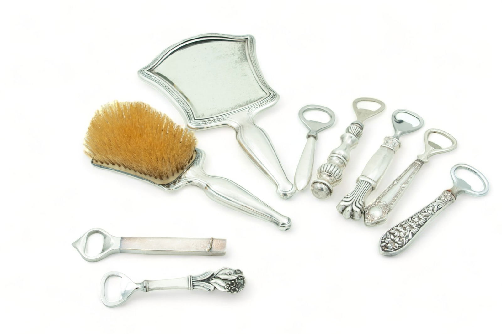 Sterling Silver Bottle Openers, Feat. Cartier, & Sterling Silver Mirror & Brush, H 10.5" W 6" 9 pcs (1 of 9)