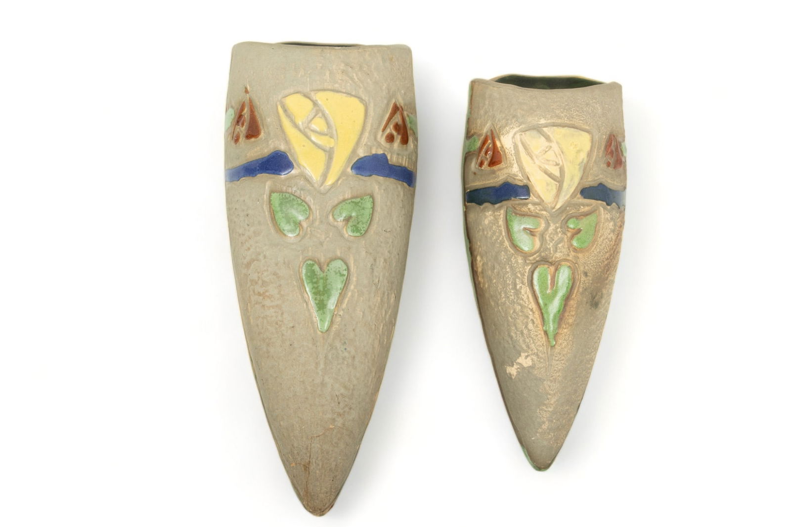 Roseville Pottery (American) 'Mostique' Wall Vases, Ca. 1920, H 12" Dia. 4.75" 2 pcs (1 of 5)