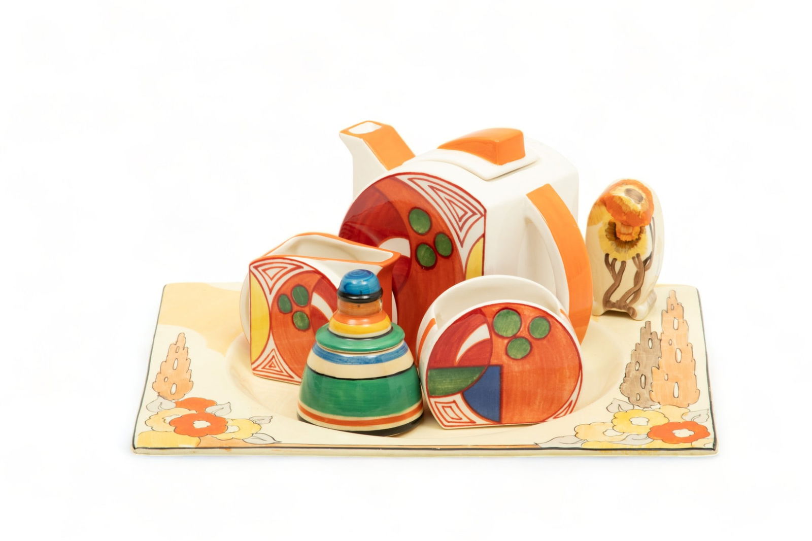 Clarice Cliff for Wedgwood (England) 'Bizarre' Earthenware Tea Set, H 4.75" W 2.75" L 5.5" + 2 (1 of 8)