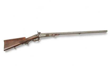 French Pin Fire Double Barrel Shotgun, 19th C., 12 Ga., L 47": French Pin Fire Double Barrel Shotgun, 19th C., 12 Ga., L 47" | 30.75" circular side by side Damascus steel barrels. Scrolling foliate engraving at the hammers and locks. Checkered grips with double