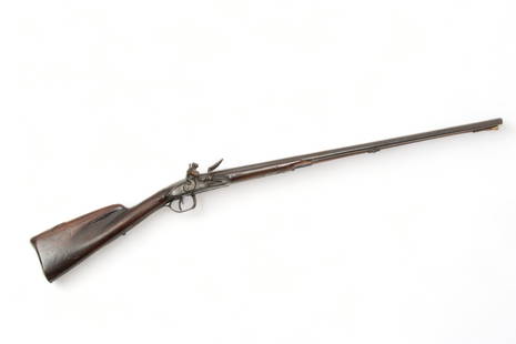 French Flintlock Double Barrel Shotgun, 20 Ga., Ca. 18th C., L 47.5": French Flintlock Double Barrel Shotgun, 20 Ga., Ca. 18th C., L 47.5" | 31.25" circular barrels. No apparent maker or proof marks. Two swan neck hammers with light engraving.