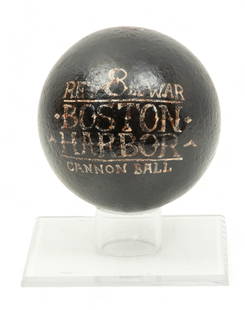 Cast Iron 8 Pound Cannon Ball, "Boston Harbor", Dia. 4": Cast Iron 8 Pound Cannon Ball, "Boston Harbor", Dia. 4" | Painted to read "Rev War 8lb Boston Harbor Cannon Ball". Includes acrylic display stand.