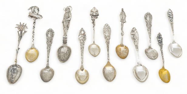 Sterling Silver Fancy After Dinner Demi Tasse Coffee Spoons Ca. 1910, 4.1t oz 12 pcs: Sterling Silver Fancy After Dinner Demi Tasse Coffee Spoons Ca. 1910, 4.1t oz 12 pcs | Especially interesting themes. Pocohontas saving life of Capt. John Smith, Native American Indians, flowers, etc.