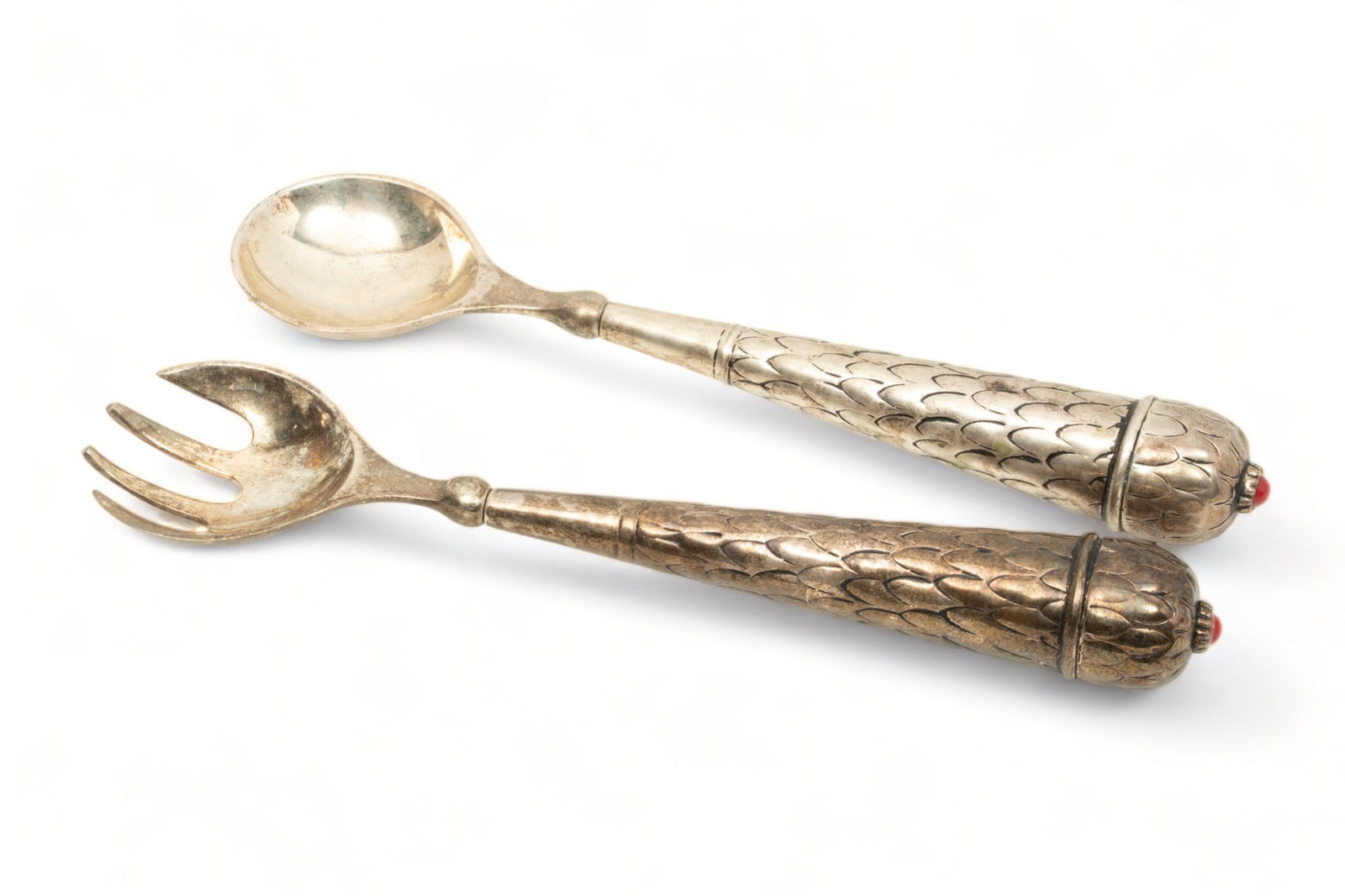 Unmarked Silver Plate Salad Servers, Glass Cabochon Tip, Ca. 1950, L 12" 13.79t oz 2 pcs (1 of 2)