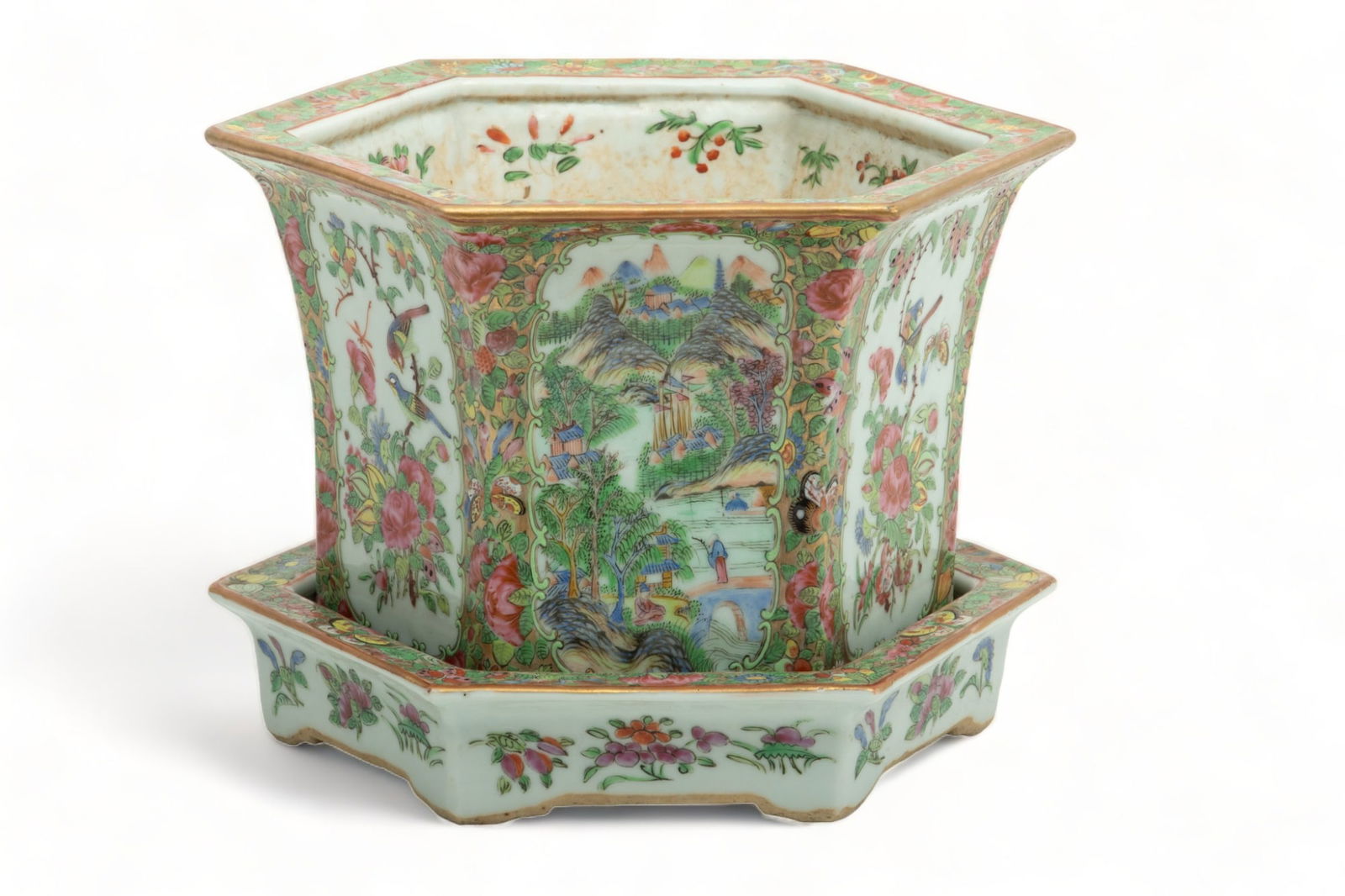 Chinese Rose Medallion Porcelain Planter & Under Tray, 19Th C., H 7.5", L 8.75" (1 of 9)