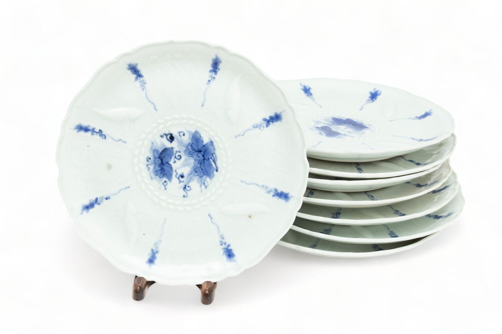 Chinese Blue & White Porcelain Fish Plates, Ca. 1900, Dia. 8'' 8 pcs (1 of 4)
