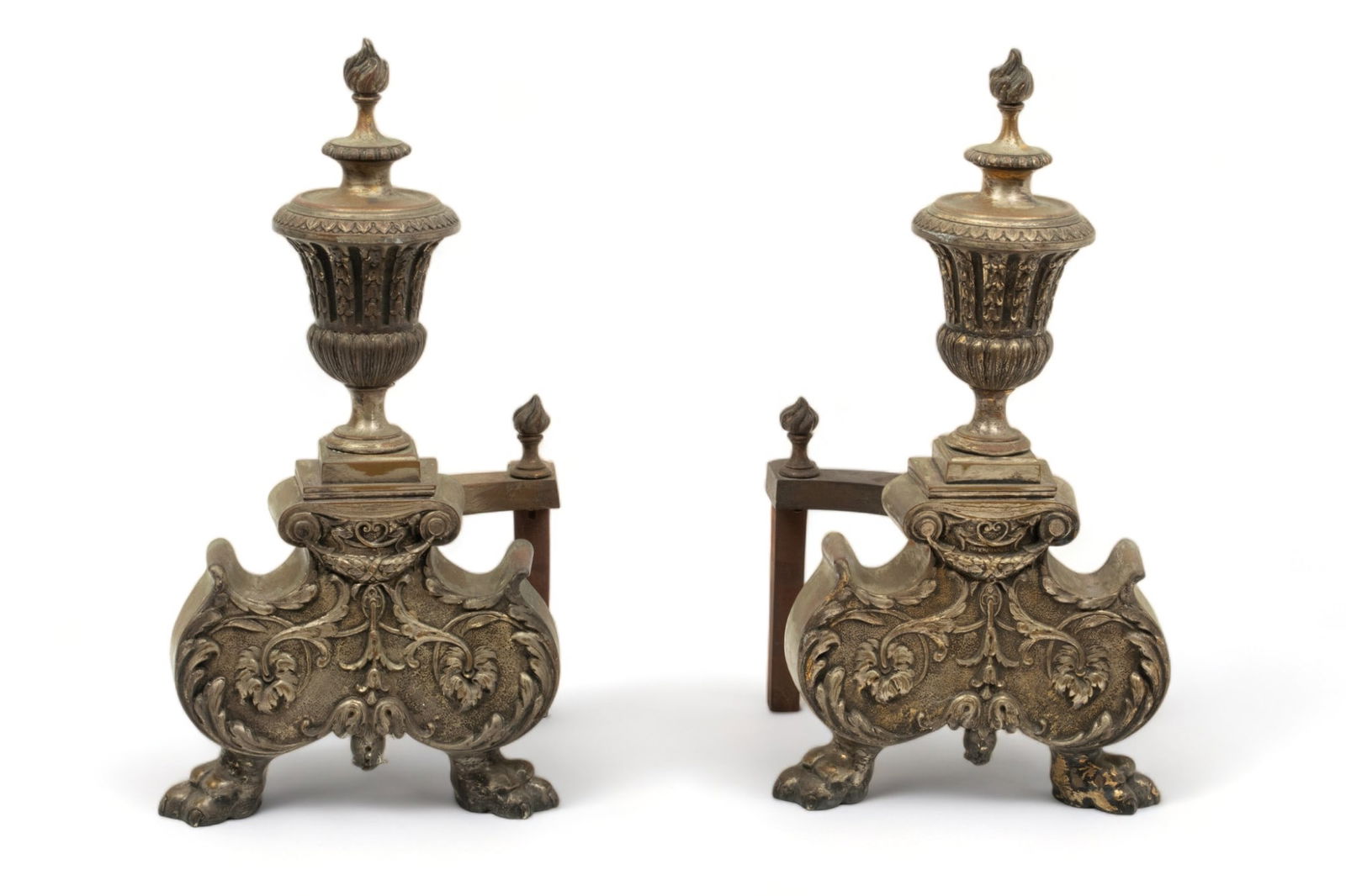 Bronze Urn Form Andirons, Mansion Size Ca. 1900, H 20" W 10": Bronze Urn Form Andirons, Mansion Size Ca. 1900, H 20" W 10" | Originally had a silver patina which is mostly worn off.