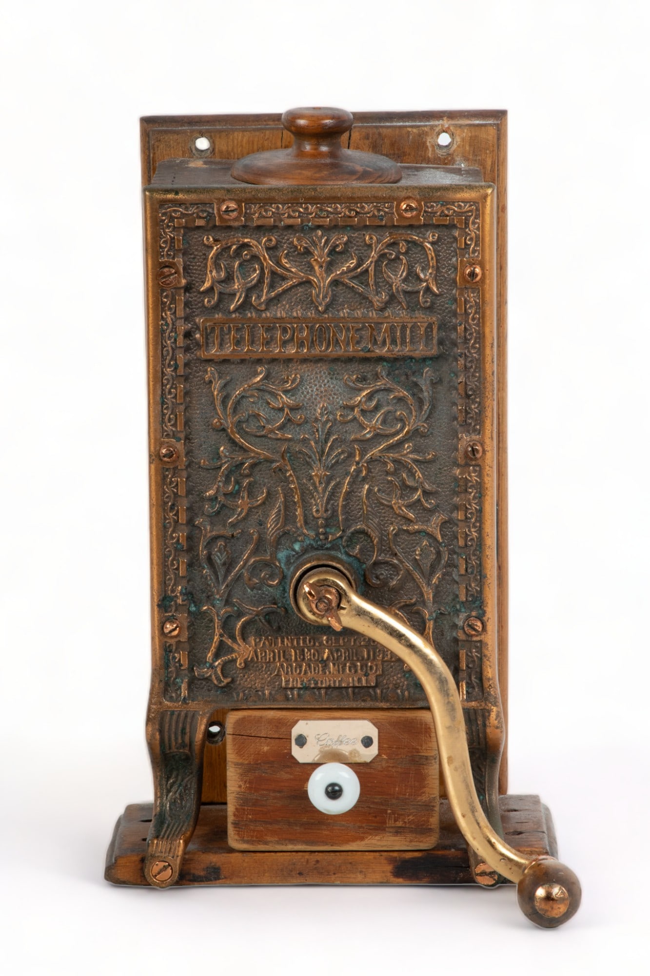 'Telephone Mill' Cast Iron And Wood Coffee Grinder, Ca. 1900, H 13.25" W 8" Depth 8.75" (1 of 5)