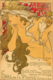 Alphonse Mucha (Czech, 1860-1939) Lithograph in Colors on Paper, 1896, "Salon Des Cent", H 23.5" W: Alphonse Mucha (Czech, 1860-1939) Lithograph in Colors on Paper, 1896, "Salon Des Cent", H 23.5" W 15.75" | Printed by Imp. F. Champenois, Paris. Catalogue Raisonne: Rennert/Weill, 12; Lendl/Prague,