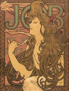 Alphonse Mucha (Czech, 1860-1939) Lithograph in Colors on Wove Paper 1896, "Job", H 19.25" W 15": Alphonse Mucha (Czech, 1860-1939) Lithograph in Colors on Wove Paper 1896, "Job", H 19.25" W 15" | Printed by Champenois, Paris. Catalogue Raisonne: Rennert/Weill, 15; Lendl/Paris, 48; Mucha/Art