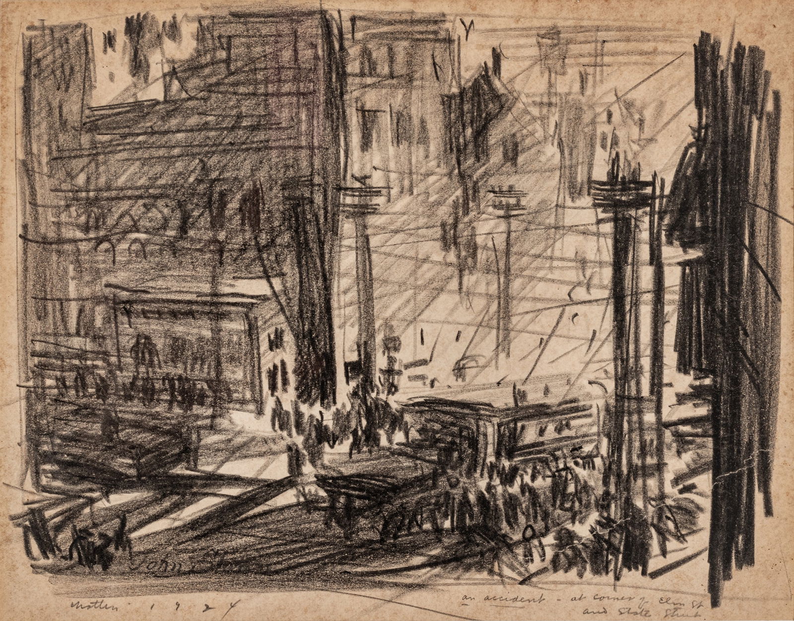 Attributed to John Sloan (American, 1871-1951) Conte Crayon And Graphite on Paper, 1924, "Accident ( (1 of 9)