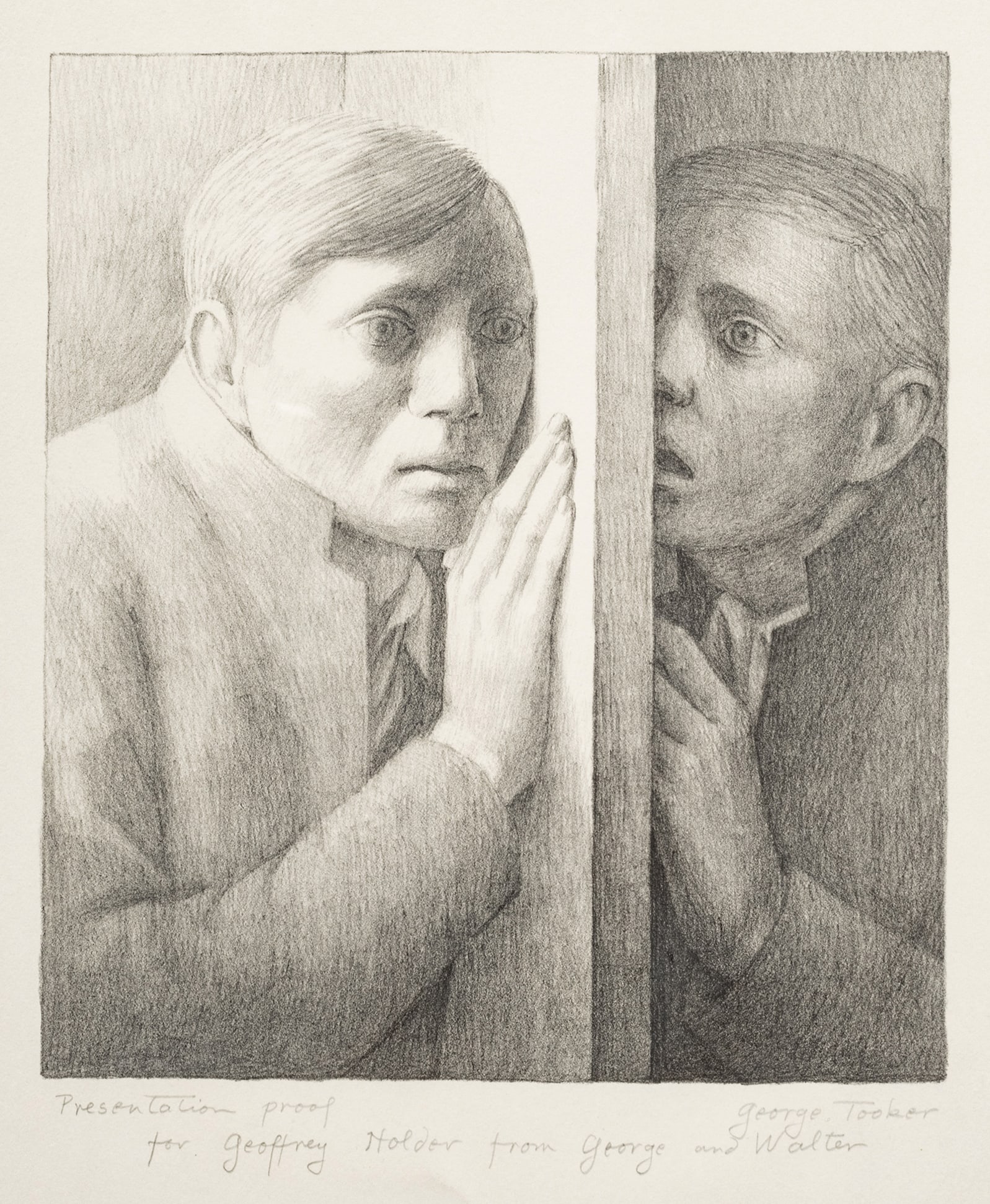George Tooker (American, 1920-2011) Lithograph on Paper, 1970, "The Whisper", H 11" W 9.75" (1 of 7)