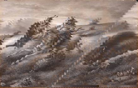 J. Palmer Gouache on Paper Mounted to Linen, Ca. 1860-1880, "Buffalo Hunt", H 35" W 55" (1 of 10)
