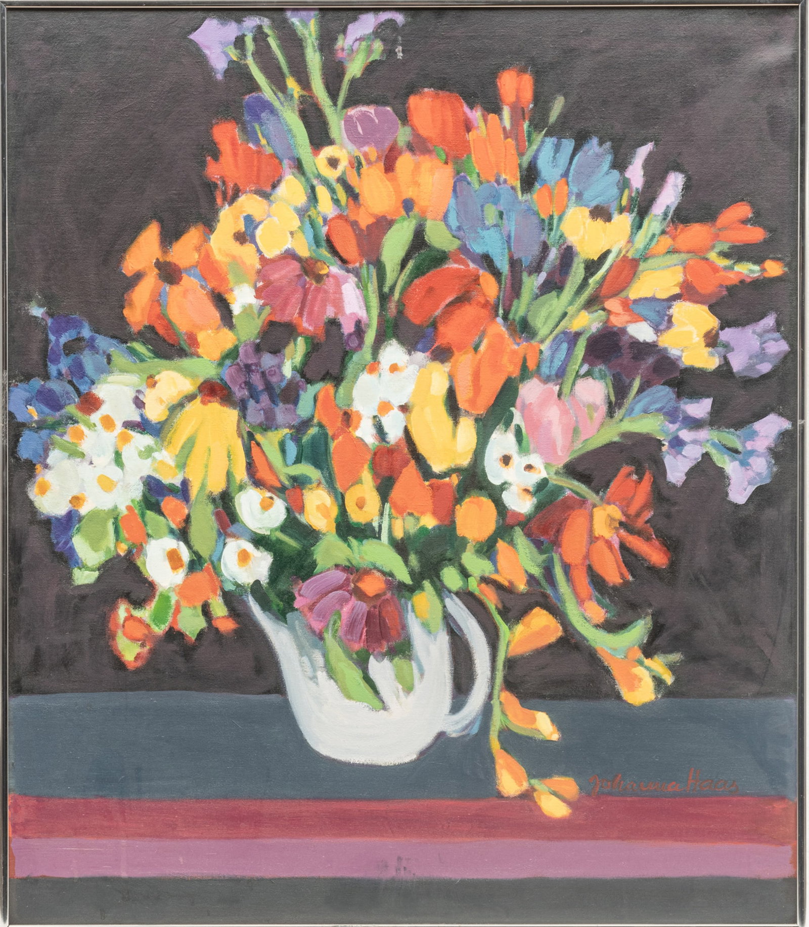 Johanna Haas (German/American) Oil on Canvas, Ca. 20th Century, "Floral Still Life": Johanna Haas (German/American) Oil on Canvas, Ca. 20th Century, "Floral Still Life" | Signed lower right. Frame Measurements H 32.5" W 28.5" Provenance: From the Estate of Dr. Henry Garfield, Southfie
