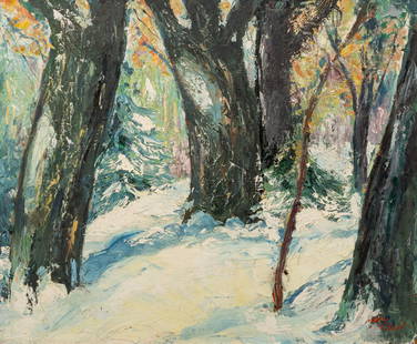 Karl Larsen (Danish, 1897-1977) Oil on Masonite, "Deep in the Forest", H 20" W 24": Karl Larsen (Danish, 1897-1977) Oil on Masonite, "Deep in the Forest", H 20" W 24" | Signed lower right. Titled on verso. Winter forest landscape. Provenance: From the Estate of Dr. Henry Garfield, So