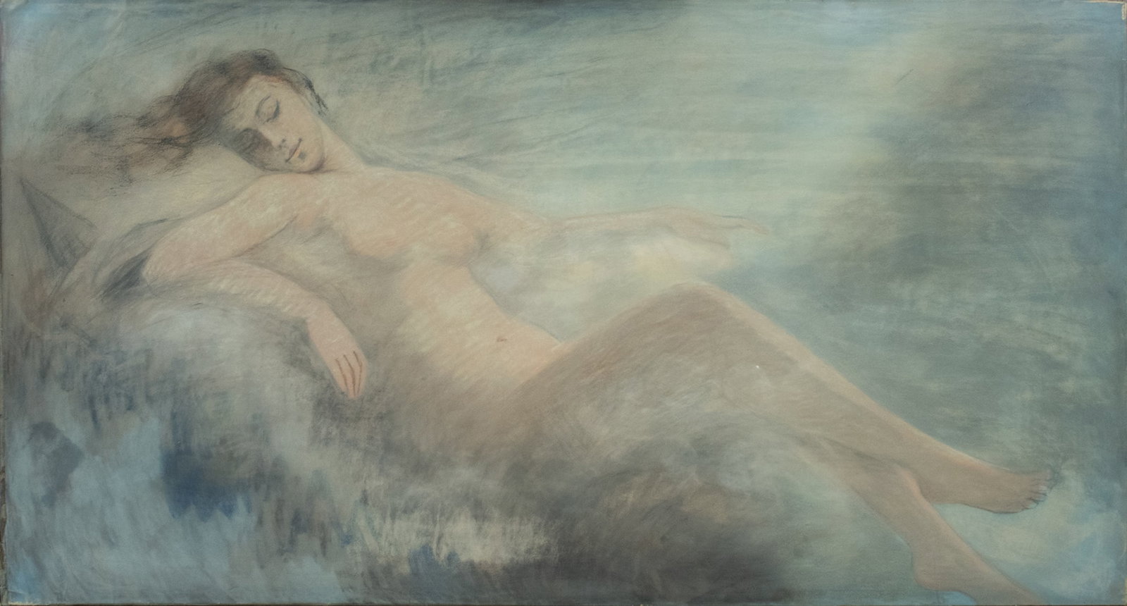 American Pastel on Paper, Ca. 1870-1890, "Reclining Female Nude", H 30" W 53": American Pastel on Paper, Ca. 1870-1890, "Reclining Female Nude", H 30" W 53" | Unsigned. Large scale pastel on paper of a reclining female nude in a cloudy background. Framed under glass in a giltwoo