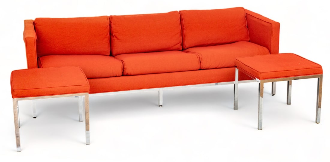 Jack Cartwright (American) Mid Century Modern Red Upholstered Chrome Sofa And Two Ottomans 3 Pcs H: Jack Cartwright (American) Mid Century Modern Red Upholstered Chrome Sofa And Two Ottomans 3 Pcs H 26" W 32" L 84" | with red upholstery. with the makers label under the cushions. Each Ottoman H 17.75