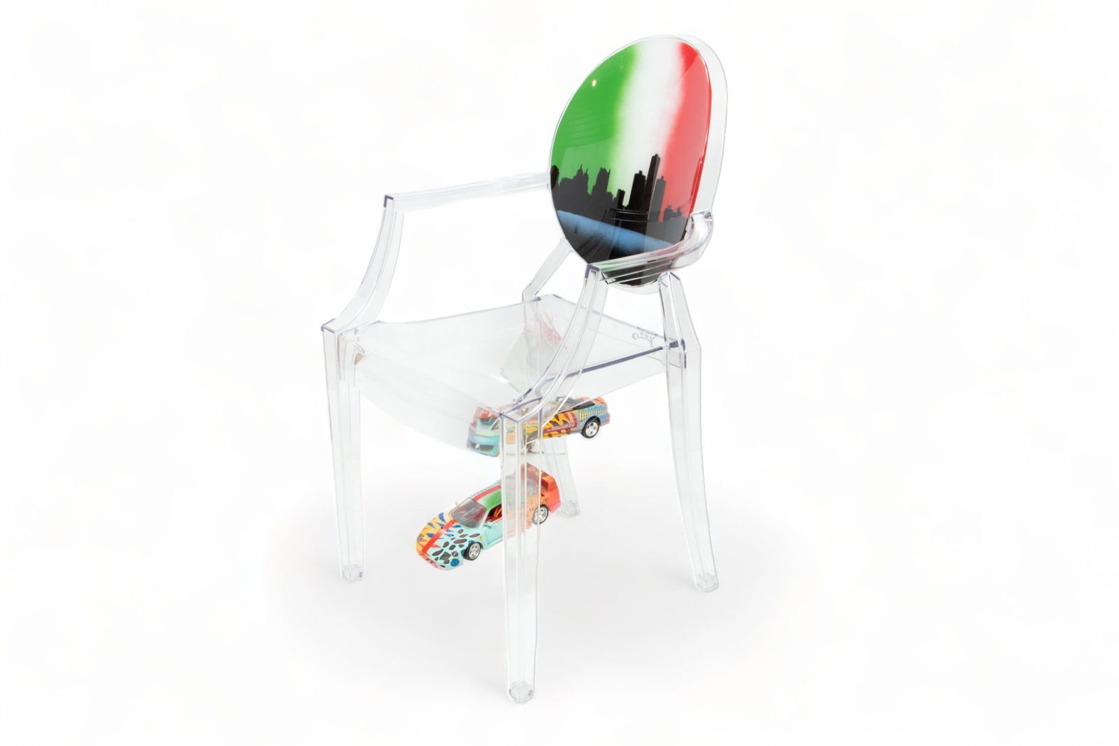 Elton Monroy Durán (Detroit,) Philippe Starck Louis Ghost Chair for Kartell (Italian) H 36'' W: Elton Monroy Durán (Detroit,) Philippe Starck Louis Ghost Chair for Kartell (Italian) H 36'' W 21'' Depth 17'' | Hand painted and signed by the artist. with the Kartell makers marks to the back r
