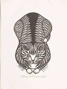 Jacques Hnizdovsky (Ukrainian, 1915-1985) Woodcut on Paper, Ca. 1978, "Tiger Cat" #139/250,, H: Jacques Hnizdovsky (Ukrainian, 1915-1985) Woodcut on Paper, Ca. 1978, "Tiger Cat" #139/250,, H 10.25" W 6.25" | Pencil signed, titled, dated and numbered 139/250. Unframed and mated. Paper size H.14.5