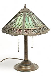 American 8-Panel Slag Glass & Patinated White Metal Lamp, Ca. 1910, H 18.5" Dia. 13.25": American 8-Panel Slag Glass & Patinated White Metal Lamp, Ca. 1910, H 18.5" Dia. 13.25" | the shade offers finely reticulated Art Nouveau motifs mounting eight original slag glass panels. the panels b