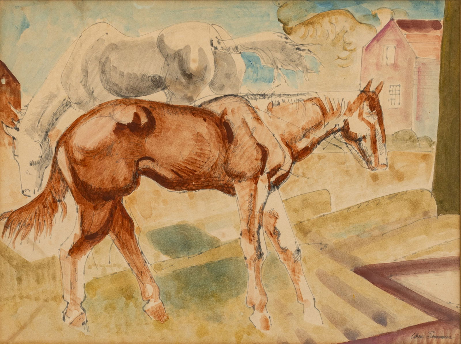 William Sommer (American, 1867-1949) Watercolor And Ink on Paper, "Horses", H 9.75" W 12.75" (1 of 5)