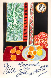 After Henri Matisse (French, 1869-1954) Lithographic Poster 1948, "Travail Et Joie", H 39" W 25": After Henri Matisse (French, 1869-1954) Lithographic Poster 1948, "Travail Et Joie", H 39" W 25" | After the painting Nature morte aux granades (Still Life with Pomegranates), 1947, from the edition o