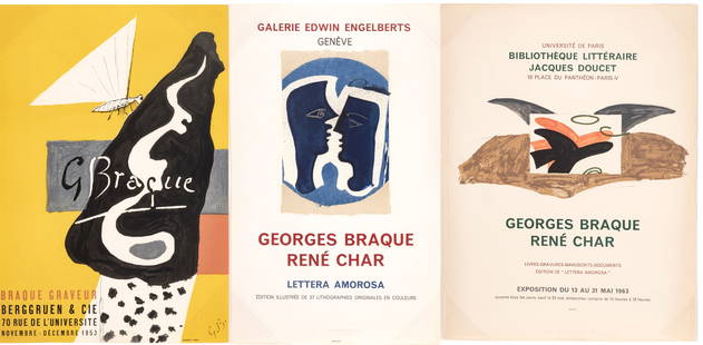 Georges Braque (French, 1882-1963) Lithographic Posters Ca. 1963, "Rene Char; Berggreuen & Cie",: Georges Braque (French, 1882-1963) Lithographic Posters Ca. 1963, "Rene Char; Berggreuen & Cie", Group of 3 H 29.75" W 22" | Each work is from unnumbered editions, printed by Mourlot, Paris, the full