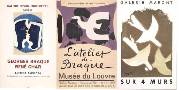 Georges Braque (French, 1882-1963) Lithographic Posters Ca. 1962, "Musee Du Louvre; Rene Char;: Georges Braque (French, 1882-1963) Lithographic Posters Ca. 1962, "Musee Du Louvre; Rene Char; Galerie Maeght", Group of 3 H 28" W 18.75" | Each work from the unnumbered edition, each printed by Mourl