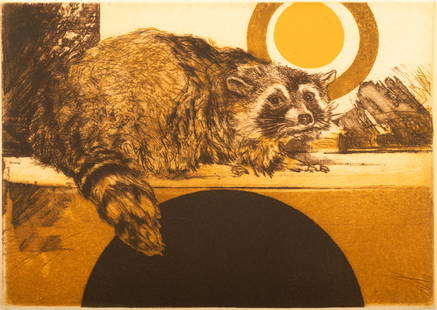 Jack Coughlin (American) Etching on Wove Paper, "Raccoon", H 6.75" W 9.5": Jack Coughlin (American) Etching on Wove Paper, "Raccoon", H 6.75" W 9.5" | Signed in pencil lower right, titled and numbered 39/140, with full margins, unframed. Sheet Size H 11.25" W 14"