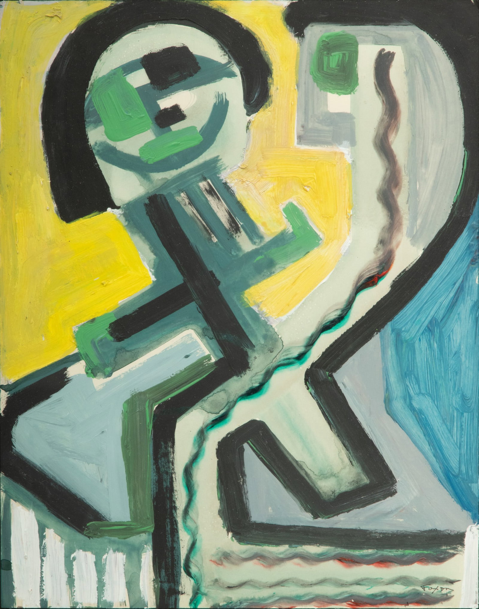Jack Faxon (American, 1936-2020) Gouache "Abstract in Yellow And Green", H 14" W 11": Jack Faxon (American, 1936-2020) Gouache "Abstract in Yellow And Green", H 14" W 11" | Signed. Bold design on paper. Good gesso on wood frame: 20" X 15". Provenance: Property from the estate of promin